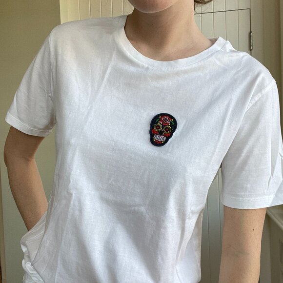 White Tee with Colorful Skull Patch - Picture 8 of 8